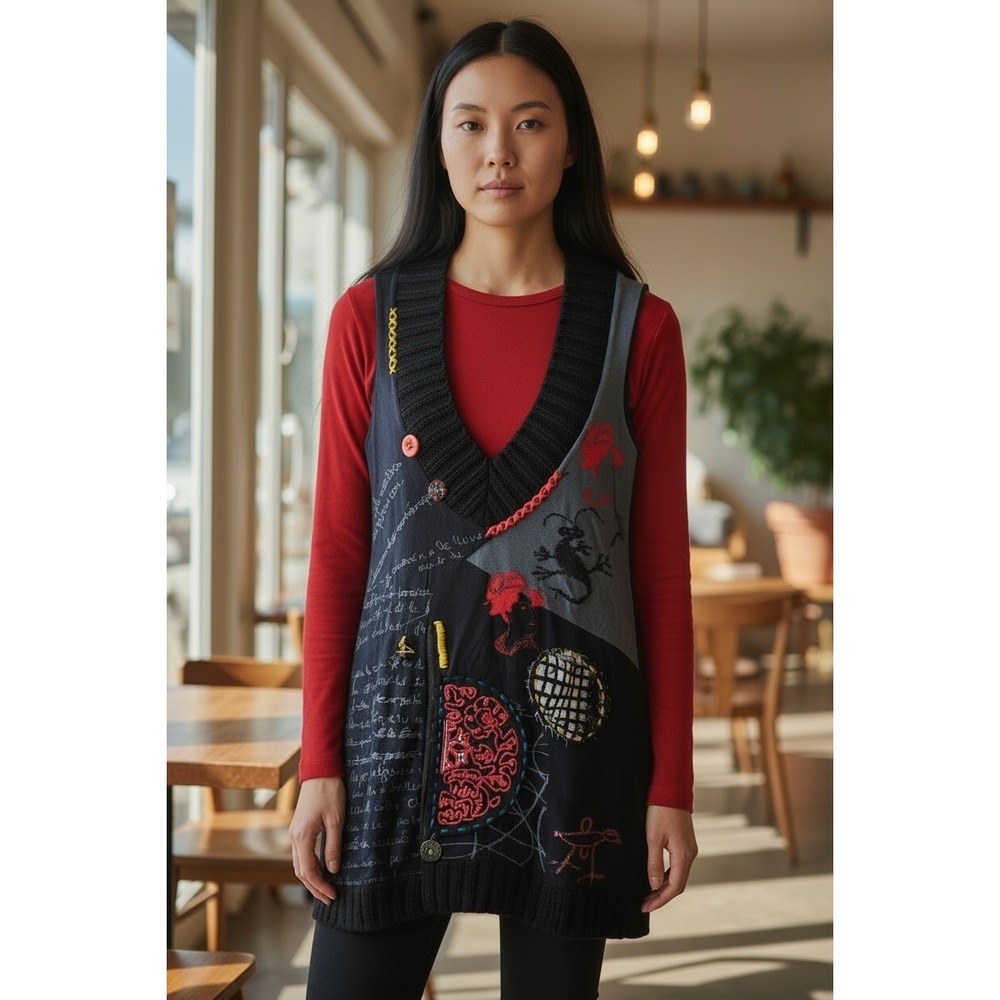 Desigual Patchwork Embroidered Knit Tunic Vest Black Boho Goth Y2K Whimsygoth - Picture 2 of 14